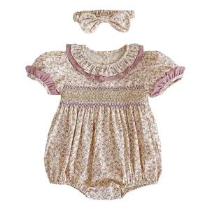 Custom Baby Clothes Shirred Smocked Baby Clothing Girl Outfit Floral Pattern Baby Rompers