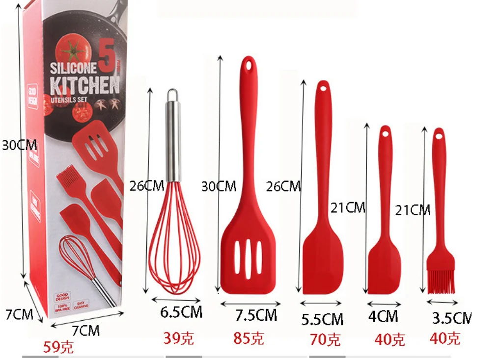 High Temperature Rectangle Red Black Silicone 5-pieces Set Utensils Kitchenware