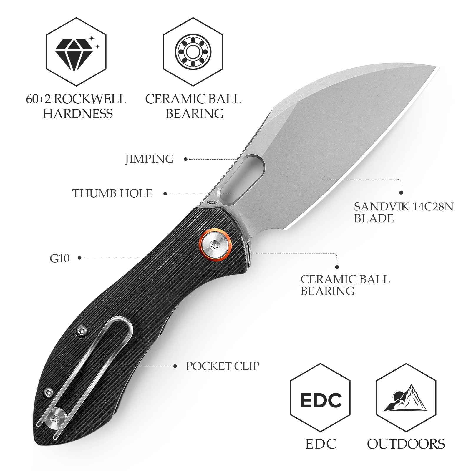 TRIVISA Pocket Folding Batwing-BG Knife for Men 14C28N Blade G10