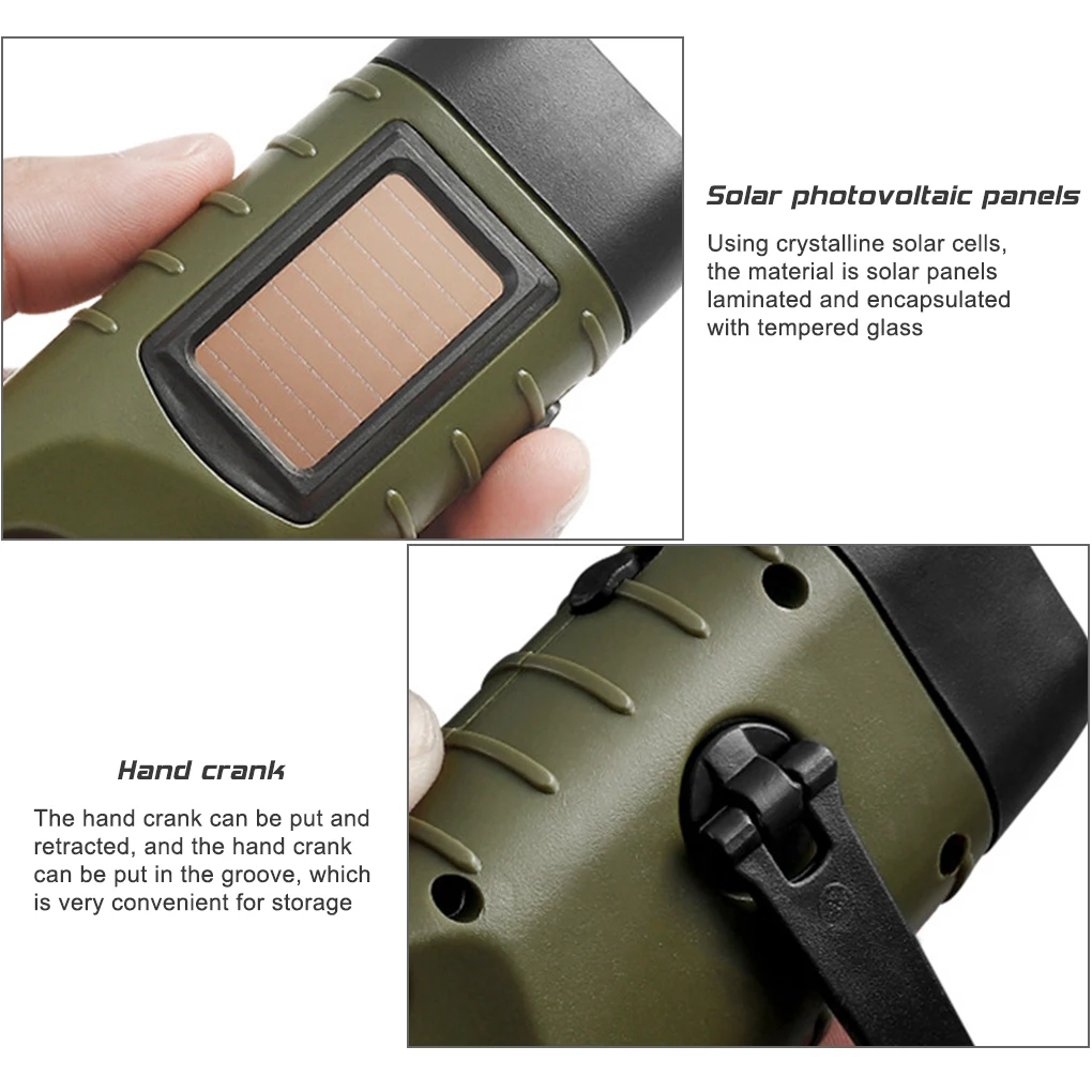 3 LED Zoom Flashlight Solar Power Wind-Up Hand Crank Aluminum Body Rechargeable for Outdoor Emergencies Camping Torch