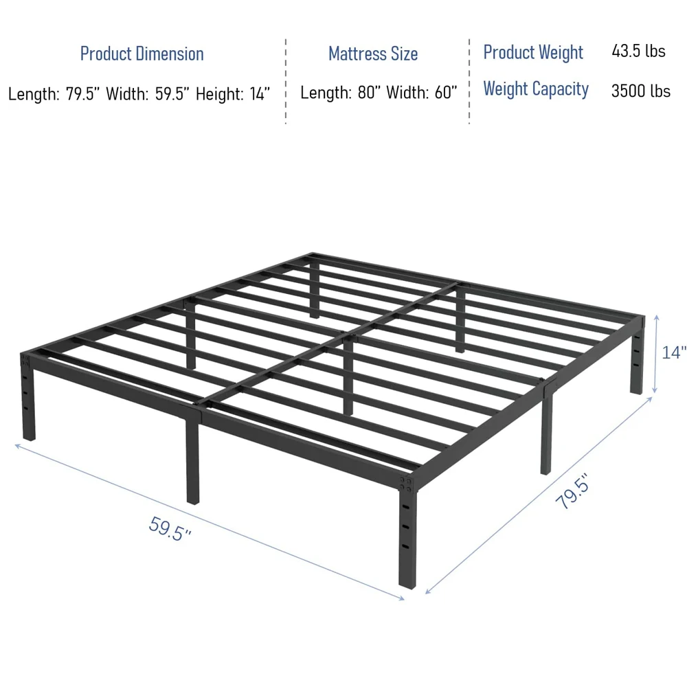 Wekis California New Design Easy Assembly 16 Inch Super King Size Bed Frame Black Heavy Duty 5720