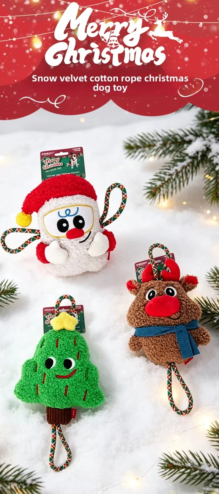 product christmas plush dog toy self entertaining chew resistant knots squeaker interactive tug of war toy for burning energy santa-0