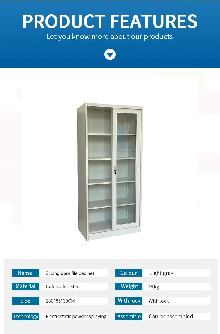 Lockable Display Filing Cupboard With Smooth Glass Sliding Door Large Storage Office Document File Cabinet With Adjustable Shelf