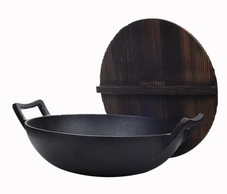 CUISILAND Pre-Seasoned 12 Cast Iron Wok with Glass Lid