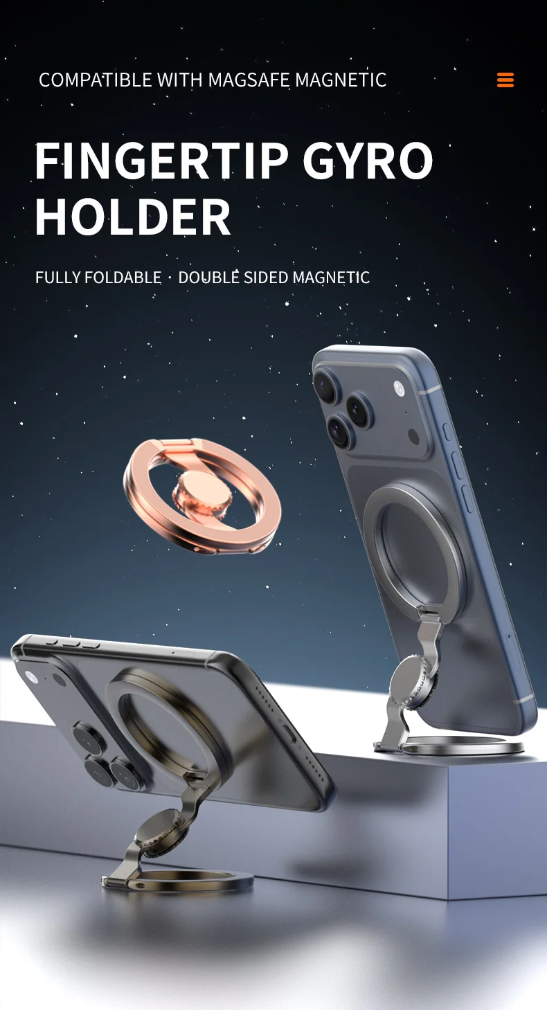 Fingertip Gyroscope Magnetic Phone Holder Fully Foldable Double Sided Stand with Kickstand for Smartphone
