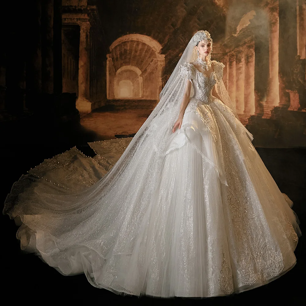 Long Sleeves Ball Gown Shinning Girl Winter Party Dress with Crystal Appliques