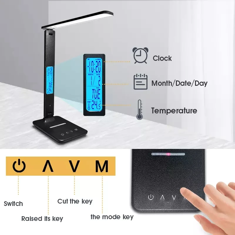 product 10w led table lamp with qi wireless charger alarm clock eye protection usb charging port 5v 21a ac power supply plastic body-38