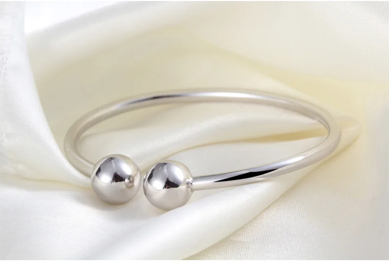 Fashion Jewelry Solid 925 Sterling Silver Simple Style Rhodium Plated Double Bead Cuff Bangles 
