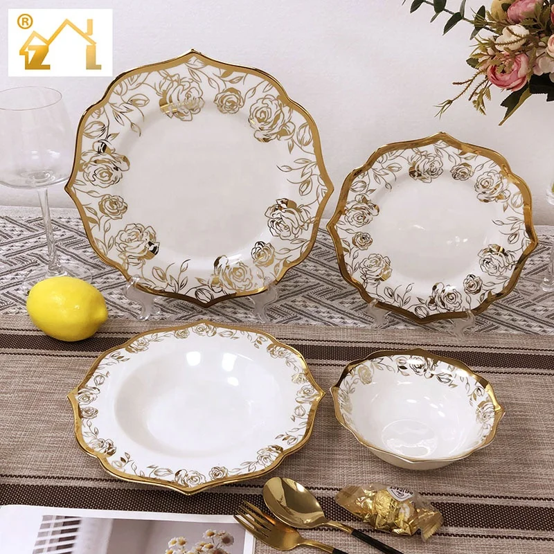 Wholesale 16 Pcs Luxury Porcelain Golden Plated Dinner Plates