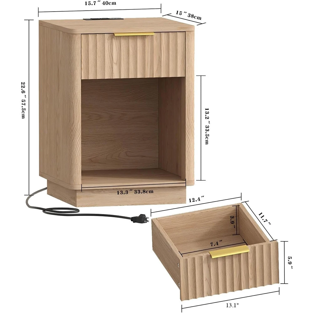 product nu deco mh25827 modern mid century wooden nightstand charging station led light drawer 15dx157wx226h bedroom natural oak-4