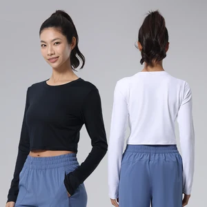 Wholesale Manufacturer Summer Custom White Long Sleeve Blank T-shirt Lady Fitness Sports Crop Top Workout Sweatshirt for Women