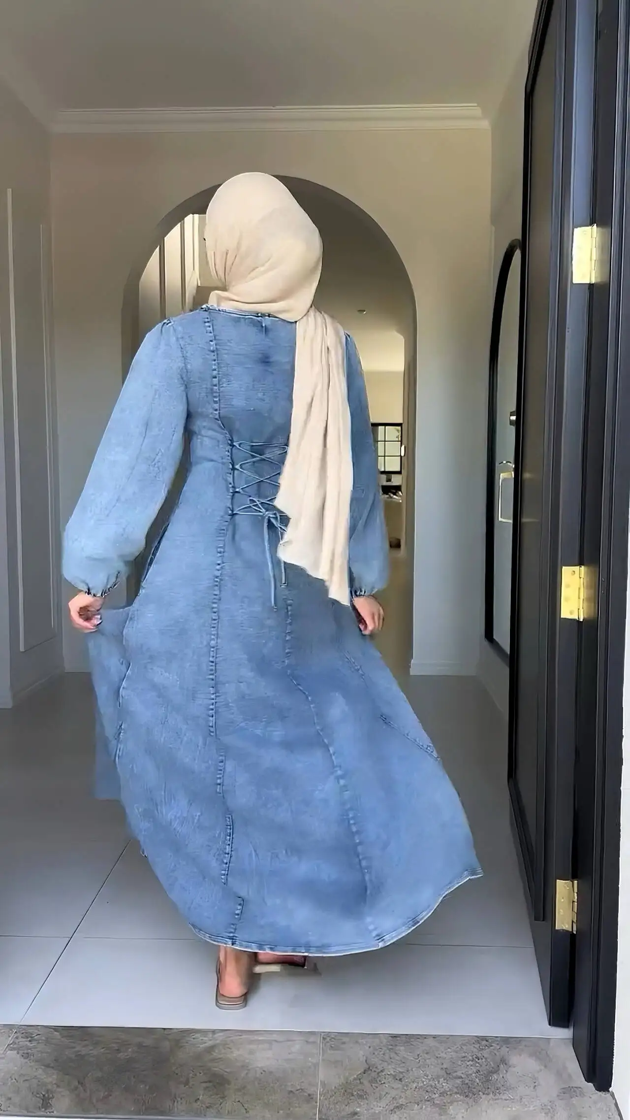 Quality Elegant A-Line Denim Maxi Dress Muslim Women Islamic Modest Fashion Abaya Style Spring Autumn Long Dress