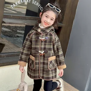 Customized Girls' Printed Plaid Warm Coat Autumn Winter Children's Early Winter Velvet Regular-length Baby's Clothes for Kids