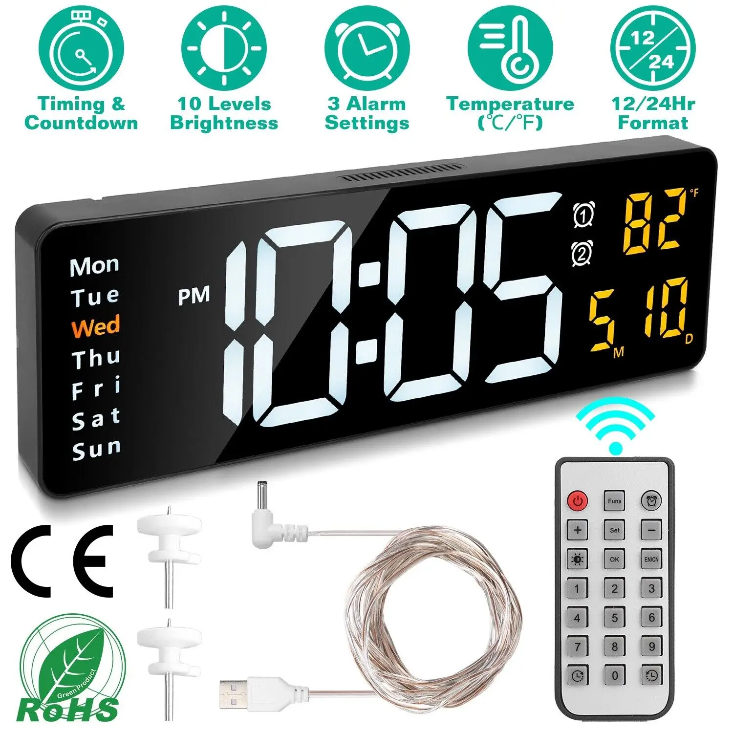 New Arrival Remote Control Wall-Mounted Clocks Temp Date Week Display LED Digital Wall Clock for Home