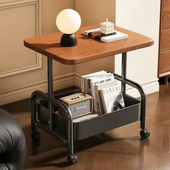 Multifunctional With Wheels Coffee Table Solid Wood Double-layer Living Room Cart Bedside Table Household Use