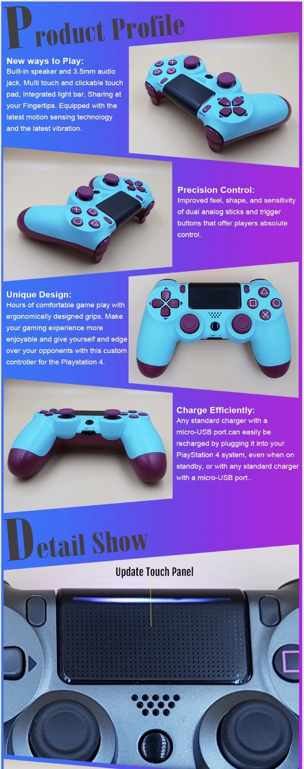 Hot Selling 22 Colors Full Function Ps4 Game Controller Bt Ps4 Gamepad
