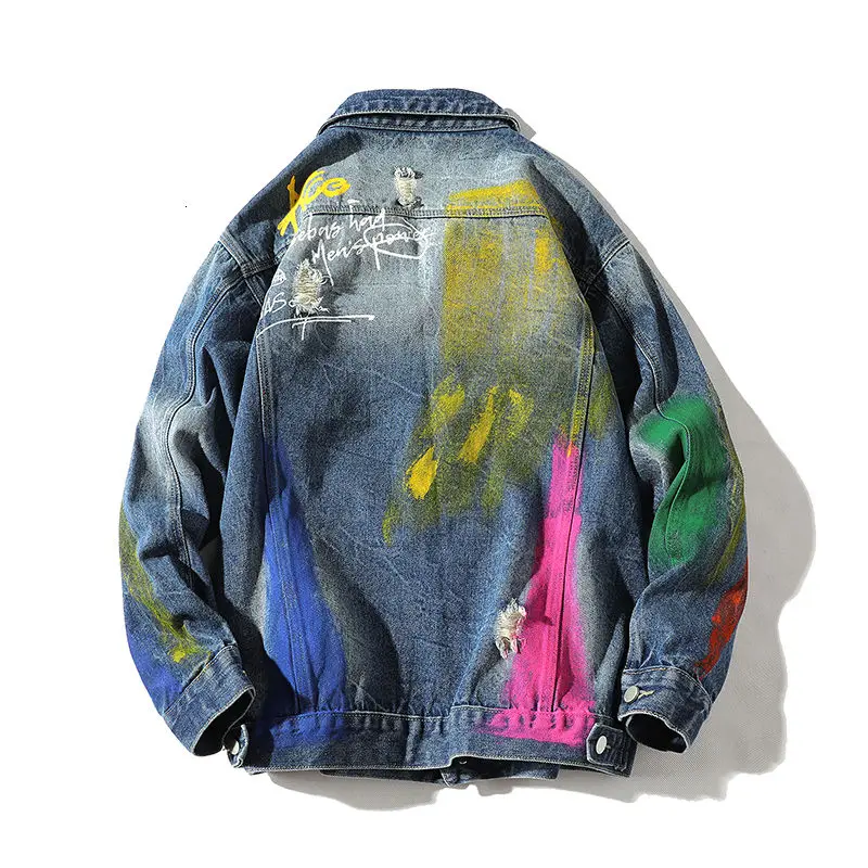 Liluo Hip Hop Graffiti Denim Jacket Men Streetwear 2024 Stand Collar  Designer Ripped Loose Fit Jean Jacket Men Rock Four Season