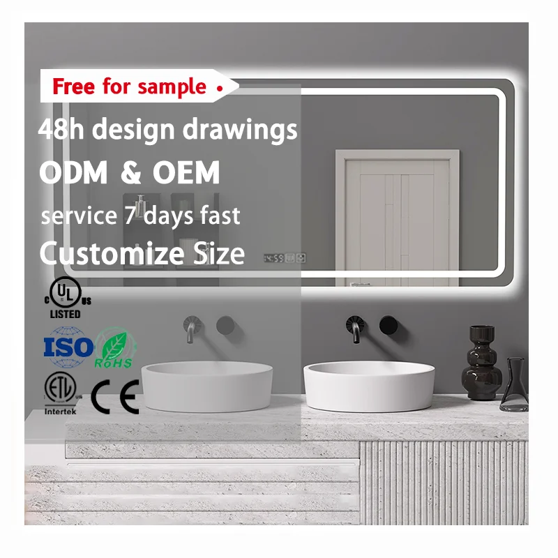 product house decorative 3 color dimming illuminated wall mounted defogger rectangle led bathroom mirror with led light-0
