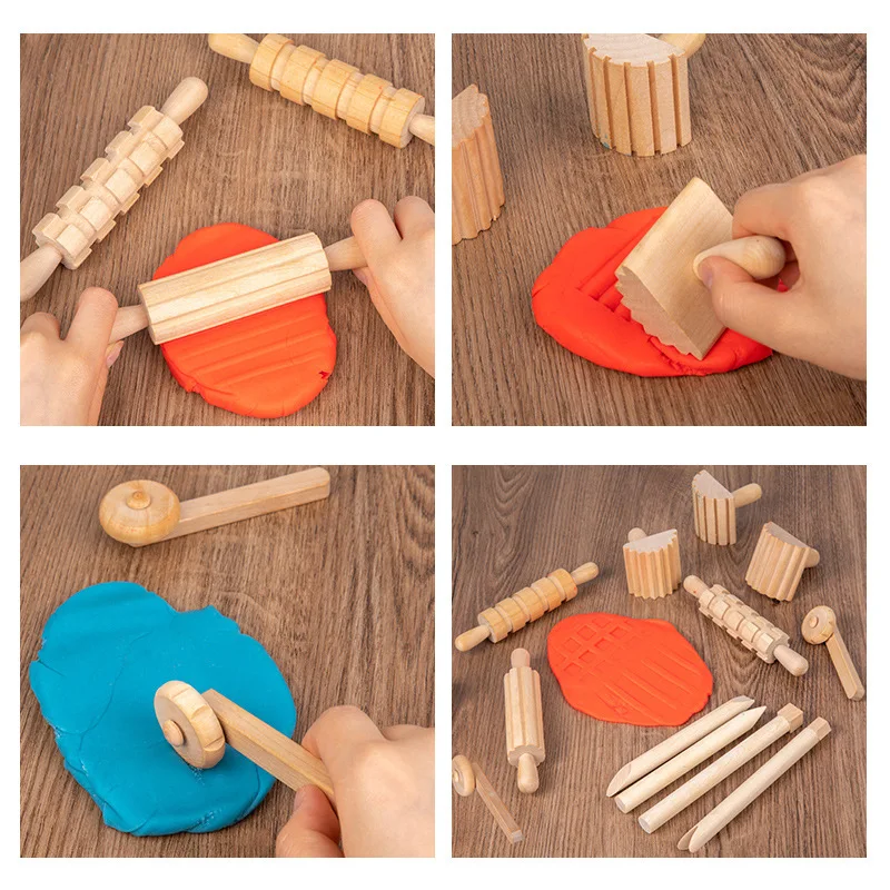 wooden 12pcs play dough tools toy
