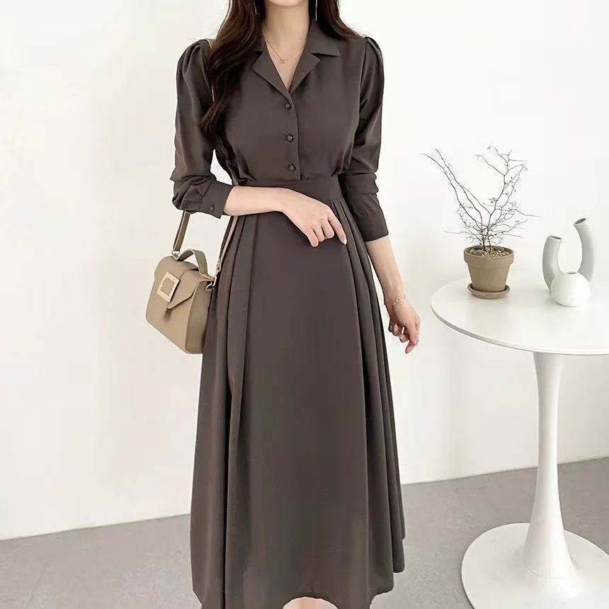 New Fashion Lady Korean Style One Piece Dress Long Sleeve Single Breasted  Shirt Dress Women
