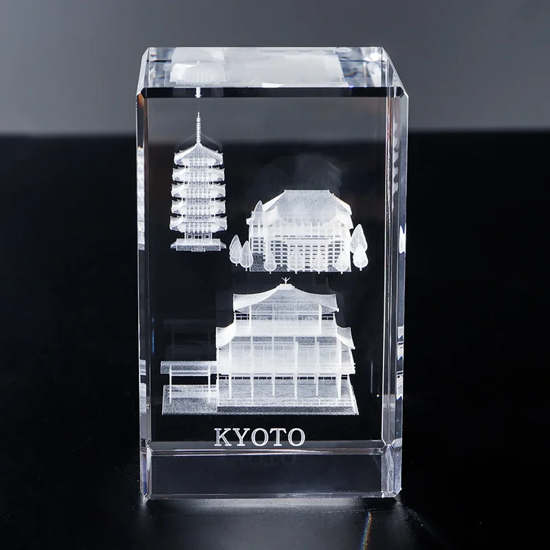 K9 Crystal Cube Tower Laser Engraved Famous Building Japan Kyoto sculpture Carved Mascot Flower Decor for Tourist Souvenir Gift