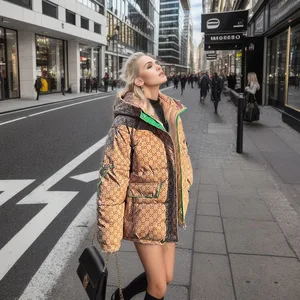 D&M Winter New Contrast Loose Hooded Short Down Jackets Printed Down Cotton Coat Women Cotton Coat