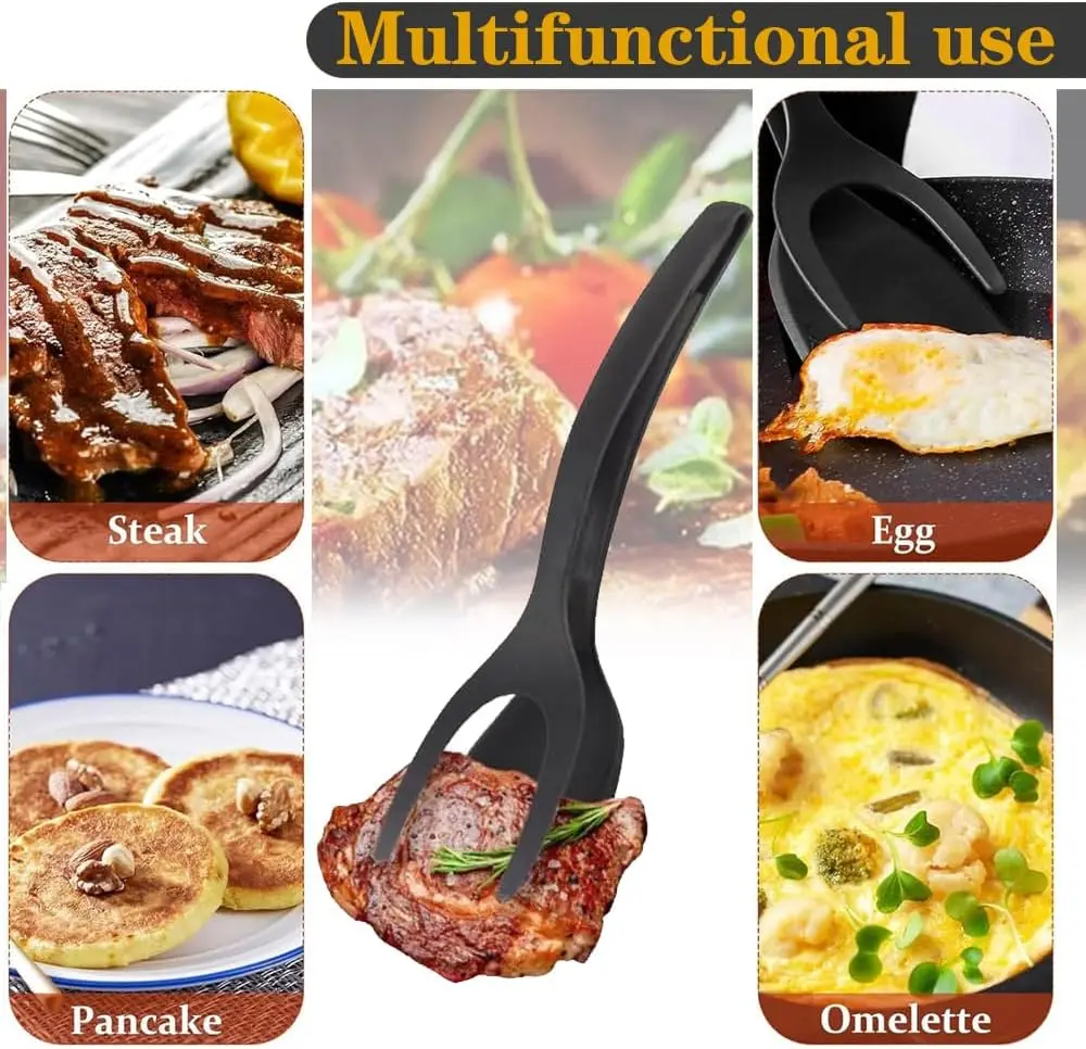 Multifunctional 2-in-1 Non-Stick Food Clip Tongs Fried Egg Cooking Turner Pancake Spatula Pizza Barbecue Omelet Clamp