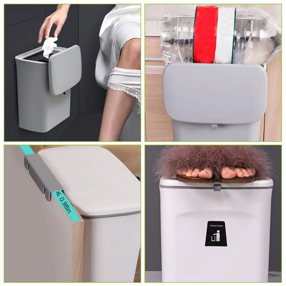 Wall Mounted Kitchen Cabinet Door Garbage Bin With Lid Plastic Hanging Waste Bin Punch-Free Trash Can