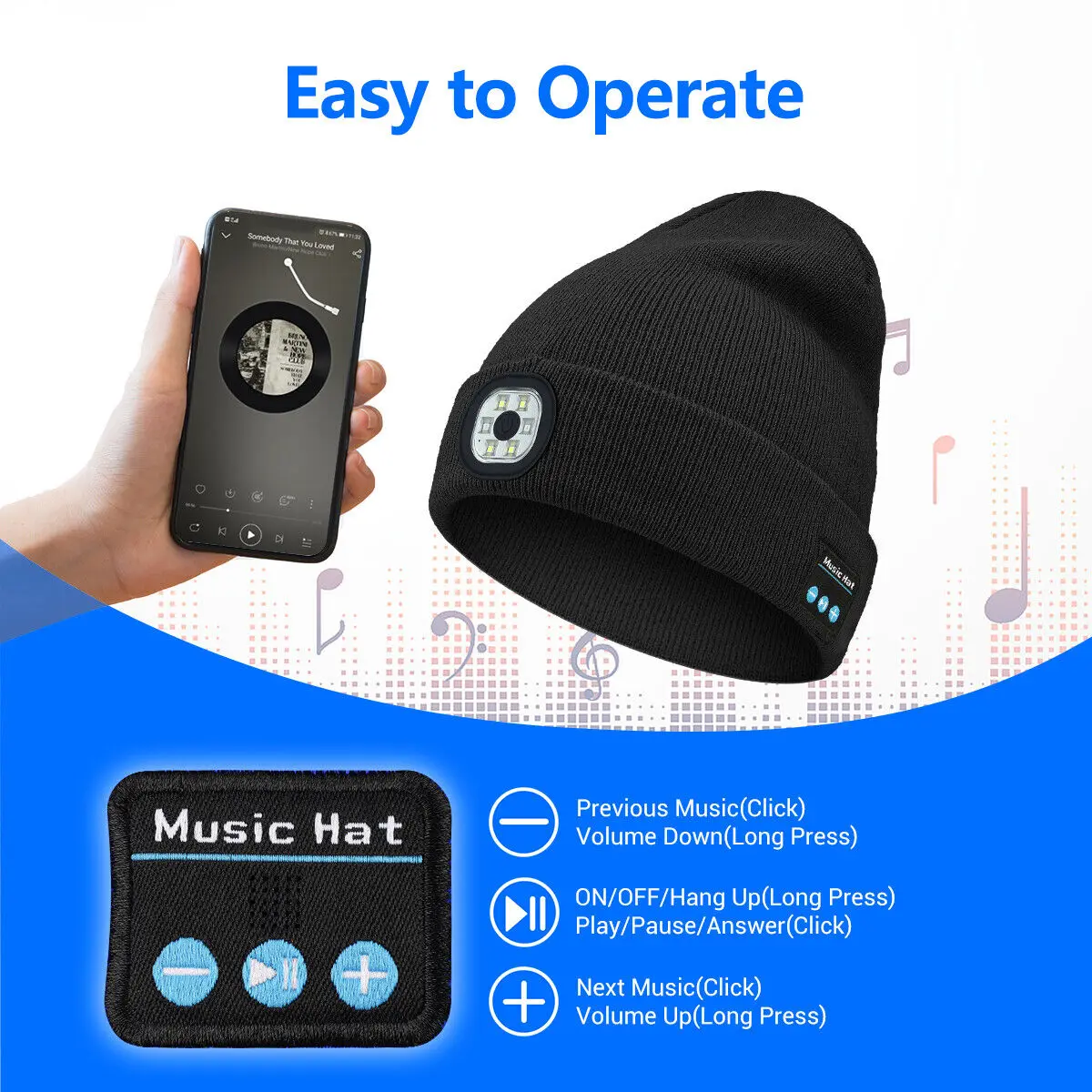 3in1 Wireless Bluetooths Music Hat LED Lights Knitted Beanie Hat USB Rechargeable - Image 6