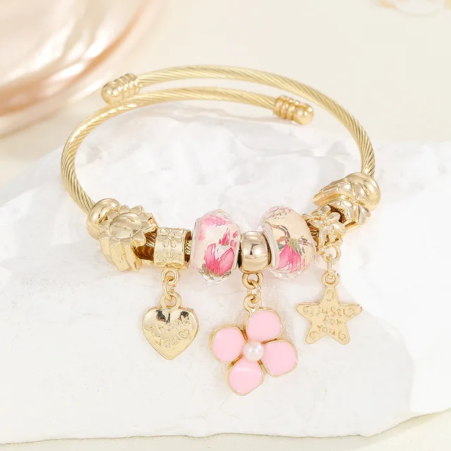 High quality gold plated stainless steel oil drop flower charm bracelet star heart pendant DIY bangle bracelet for women