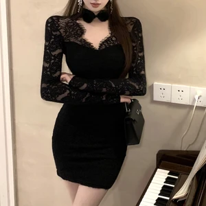 Women's Elegant Short Hip Dress with Chinese Collar Long Sleeves Lace Chic Casual for Autumn and Winter Season