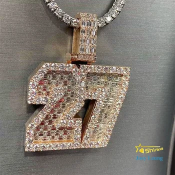 Hip Hop Jewelry 925 Sterling Silver 18K Gold Plating Baguette VVS Moissanite Number Letter Name Custom Iced Out Pendant