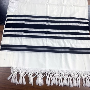 Kosher Certificate Jewish Non-Slip Wool White Prayer Shawl anti slip Textured Wool Tallit double fringes