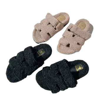 Fashion autumn/Winter hook and loop fasteners casual H slippers Women's flat lamb fur open toe fluffy slippers