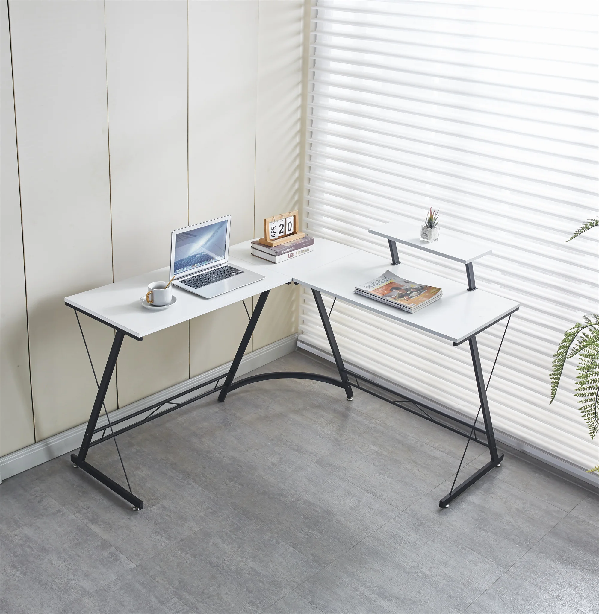 Factory Custom Mobile Wooden Laptop Computer Table Top L Shaped Desks with Round Corner Space-Saving for Home Office