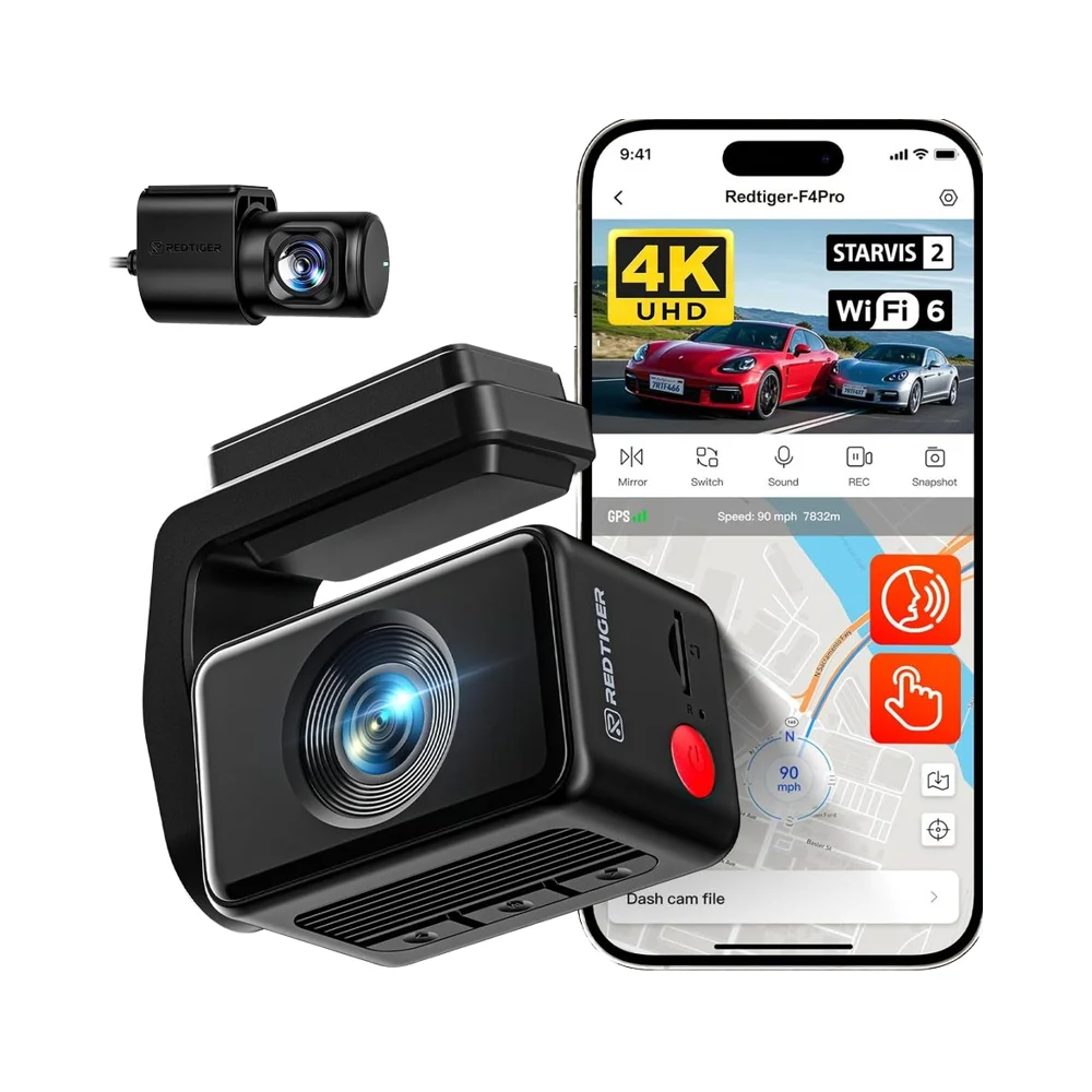 REDTIGER F4 Pro 4K Front Rear Dash Cam STARVIS Sensor 128GB Card  WiFi6 Touch Screen Voice Control 24H Cars