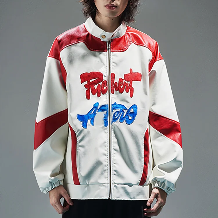 High quality custom leather men trendy lapel mens casual satin baseball jacket_voghion.com