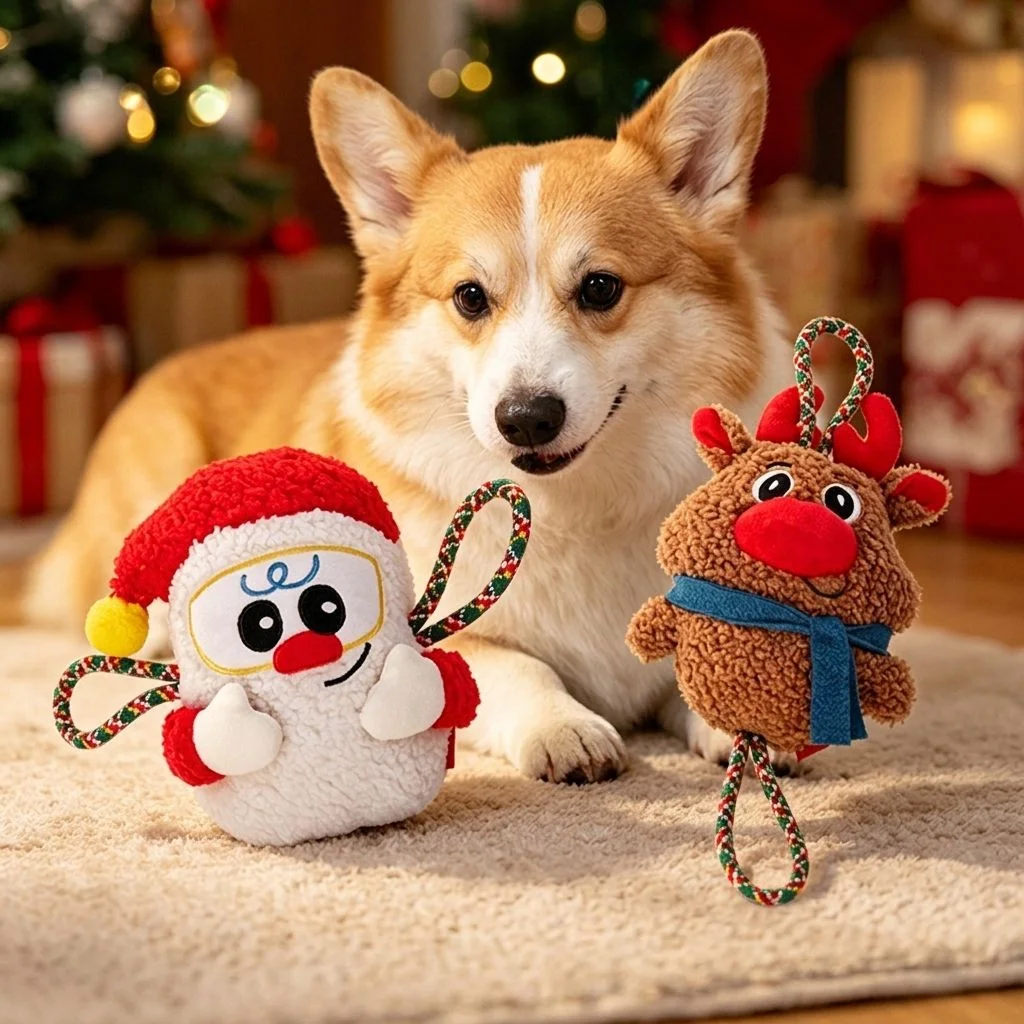Christmas Plush Dog Toy Self-Entertaining Chew-Resistant Knots Squeaker Interactive Tug-of-War Toy for Burning Energy Santa