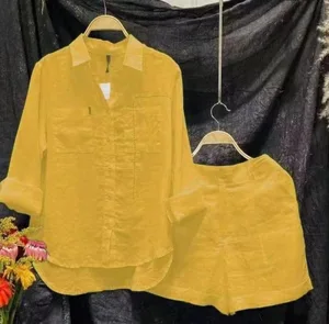 Spring Summer Shirt + Shorts Suits Elegant Casual Solid Color Fashion Long Sleeve Button Suits Women's Two-piece Set