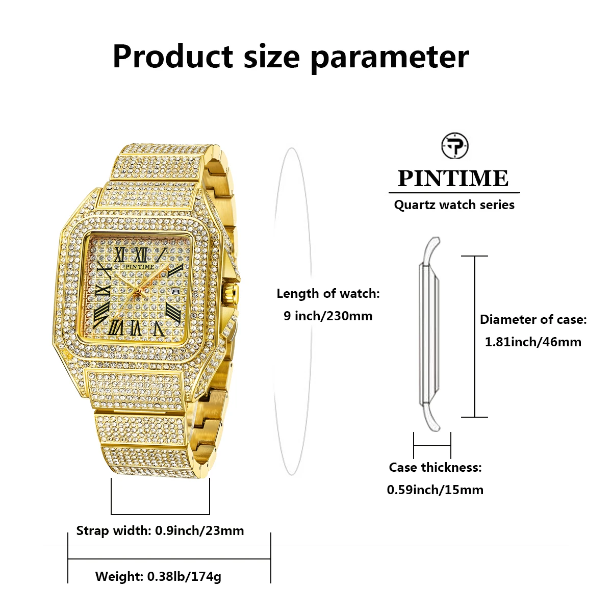 Luxury Rhinestone Unique Quartz Watch Mens Classic Golden Square Case Full Diamond Creative Fashion Waterproof Watch AAA Clock