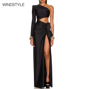 Unisex Sexy Party Long Dress Slanted Shoulder Collar Unilateral Sleeve Side Leakage Waist Design Breathable Summer OEM Service