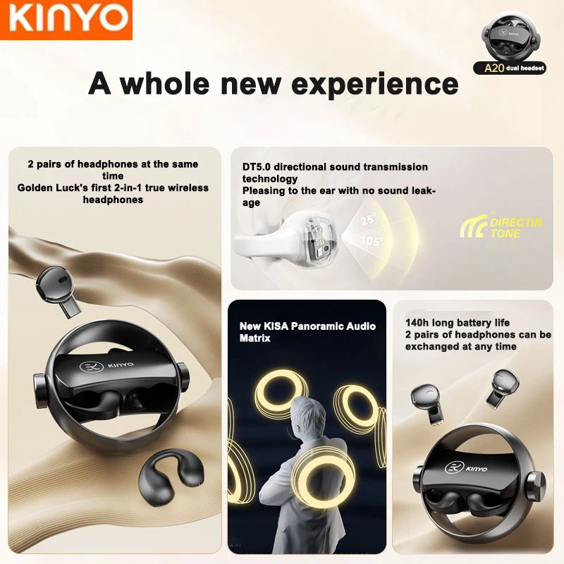 Best-selling KINYO A20 OEM Wireless Earbuds With Mic Tws Headphone Cute and Compact Rotatable Mini Music Open Ear Auriculares
