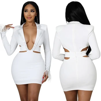 2022 new design crystal long sleeve one piece blazer mini dress women sexy deep v neck hollow out slim fit bandage dress