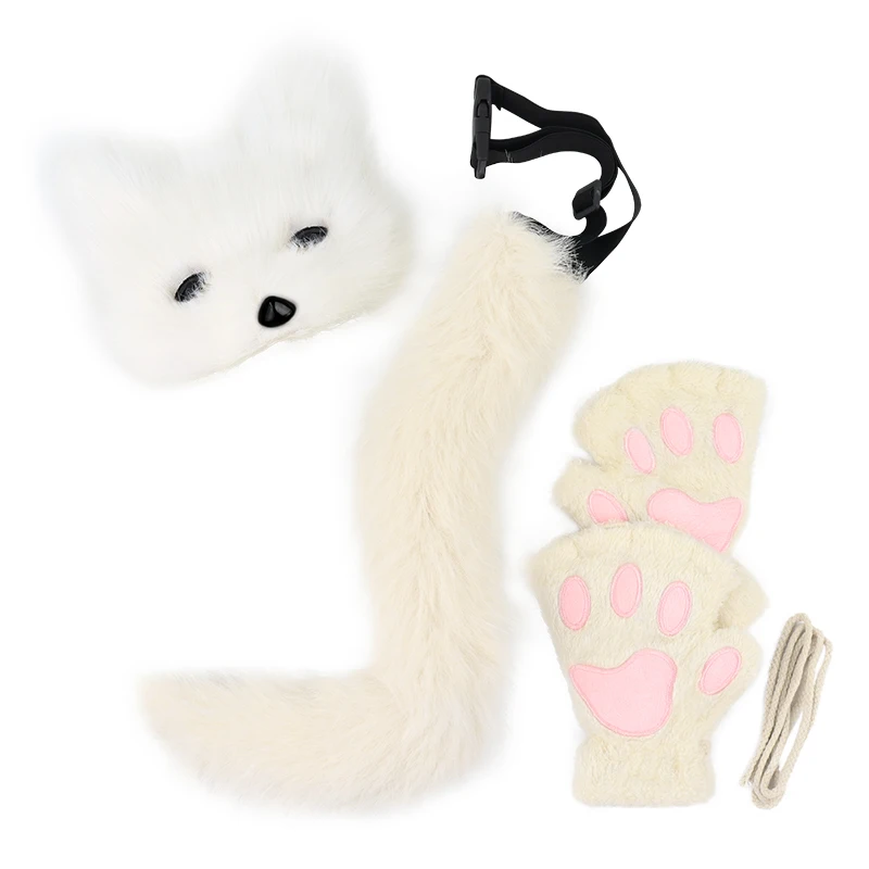 Hot Sale Party Decoration Lovely Fox Halloween Tail Cosplay Gloves Cat Wolf Faux Fur Mask Paw Set