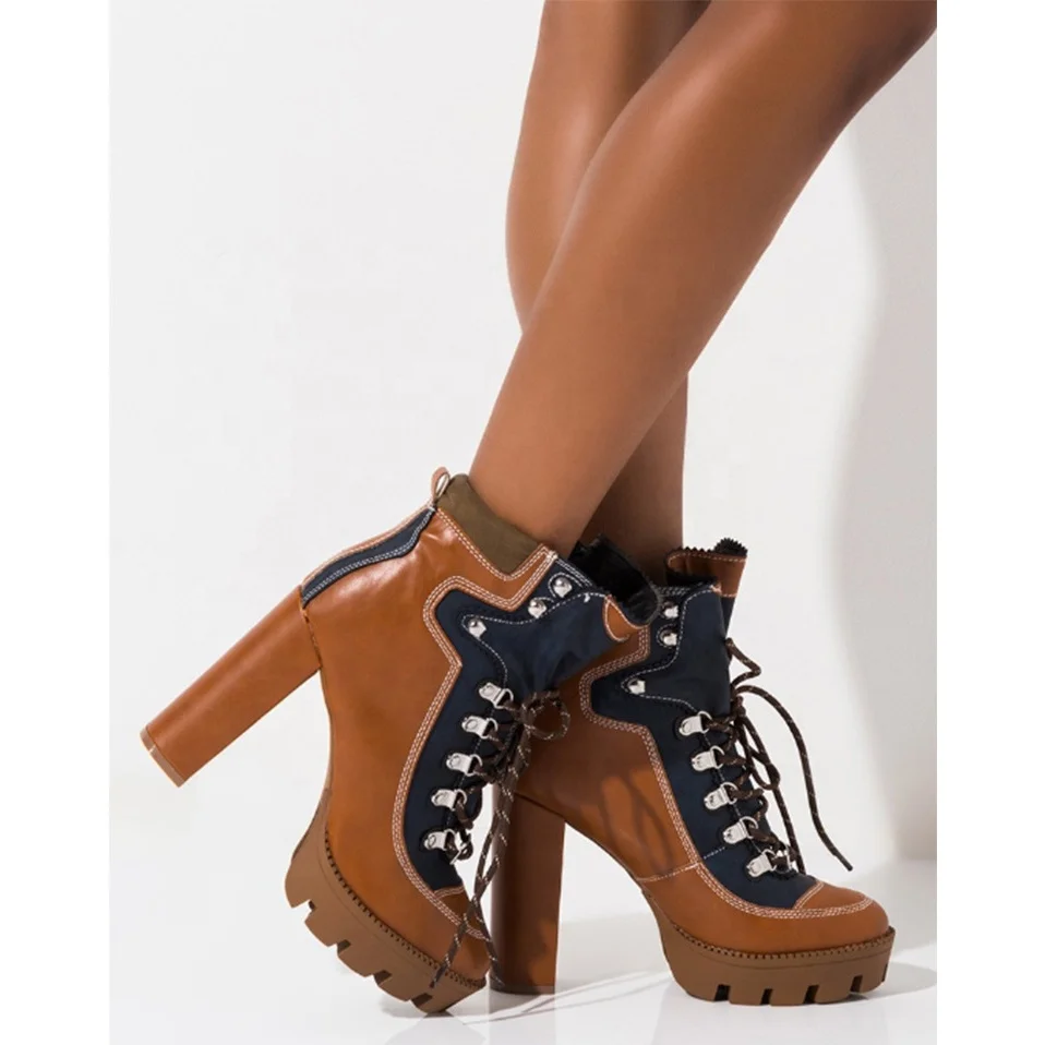 High Top Color Block PU Upper Platform Round Toe Women Ankle Boots Fashion Lace up Chunky High Heel Short Booties for Ladies
