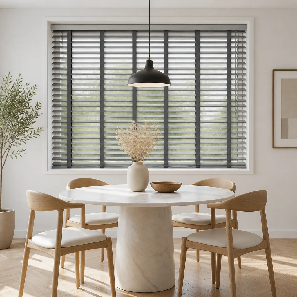 Wood Venetian Blinds Horizontal 50mm Gray Slats Wide Ladder Tape Pull Cord Paulownia Dining Room Hotel Custom Size OEM Wholesale