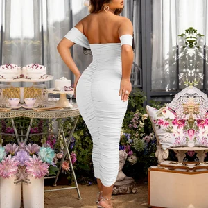 New Arrivals off Shoulder Ruched Short Sleeve Tight Backless Sexy Short Night Club Dresses