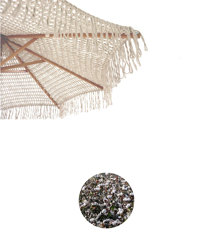 Luxury Crochet Patio Wooden Umbrella Handmade Cotton Tassels 2.5m