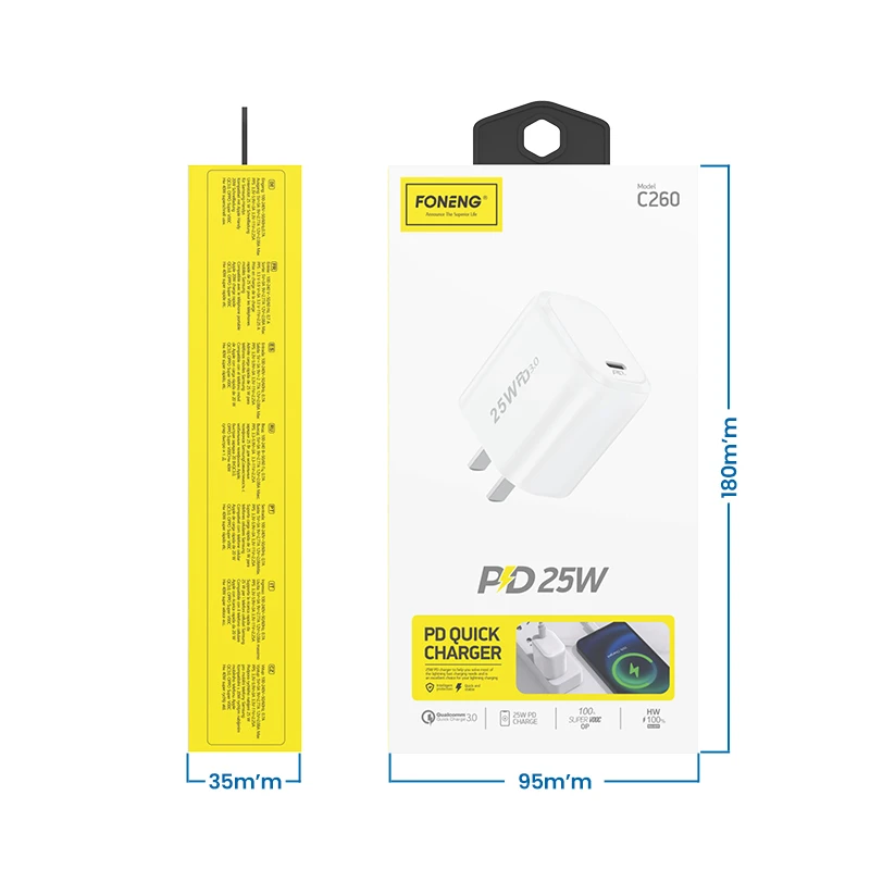 Foneng C260 PD Mobile Phone Charger, 25W Super Fast Charger, Smooth Charging After Fast Charging, 2022 Top Sales, 1 Set