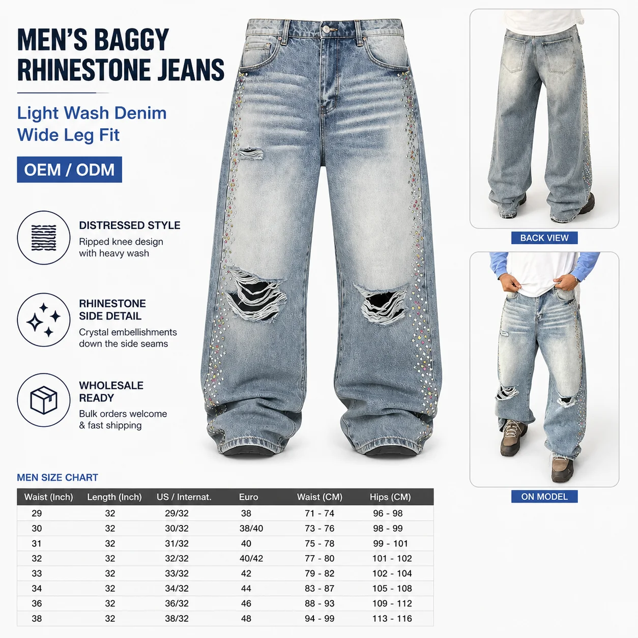 Jeans Denim Manufacturer Factory Custom Denim Pants Oversized Baggy Distress Sun Faded Quality Rivet Rhinestone Jeans Pants
